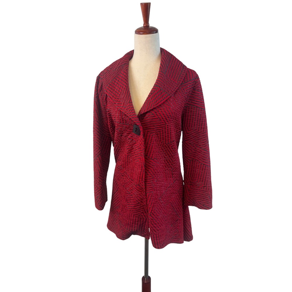 Multiples Topper Jacket Women's Size XL Red Black Textured Button Front Swing